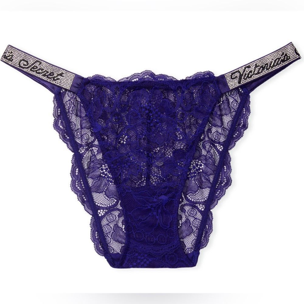 Victorias Secret Crystals Rhinestone Shine Strap Bikini Lace Panty night ocean S